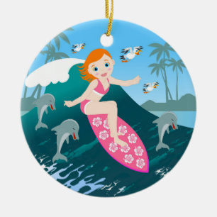 Girl Surfing Big Wave with Dolphins Ceramic Ornament