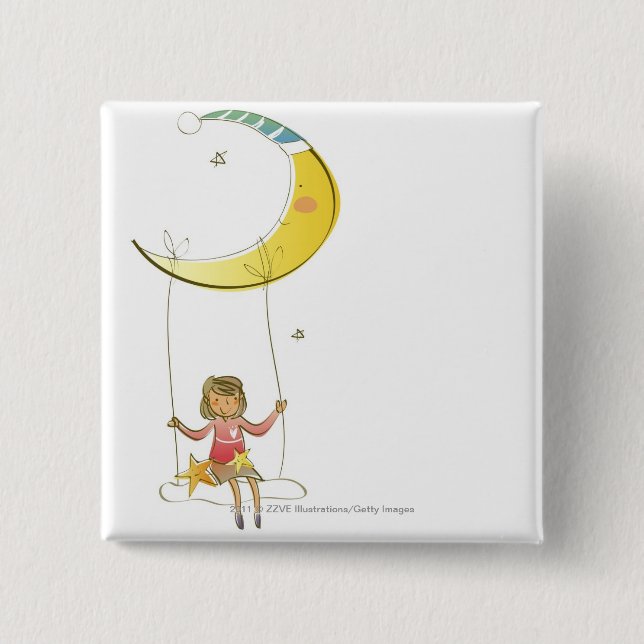 Girl swinging on a rope hanging from crescent moon 2 inch square button (Front)