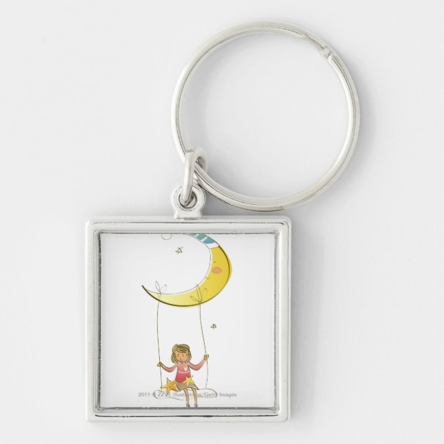 Girl swinging on a rope hanging from crescent moon keychain (Front)