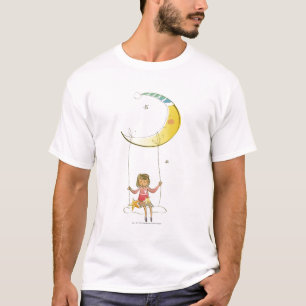 Girl swinging on a rope hanging from crescent moon T-Shirt