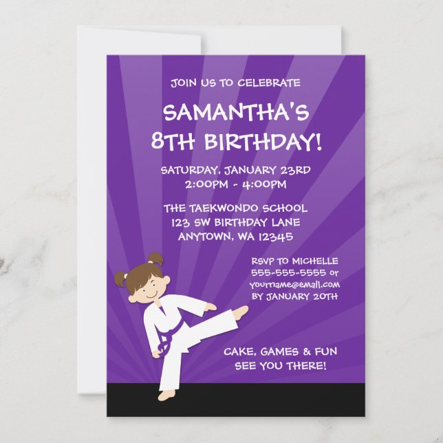 Girl Taekwondo Karate Purple Belt Birthday Invitation (Front)
