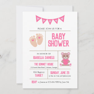Girl Teddy and Baby Feet Pink Baby Shower Invitation