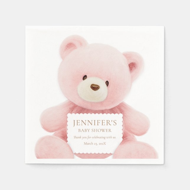 Girl Teddy Bear Baby Shower Paper Napkin (Front)