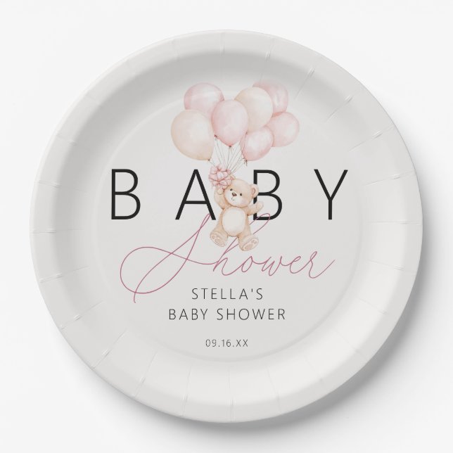Girl Teddy Bear Balloons Baby Shower Paper Paper Plate (Front)