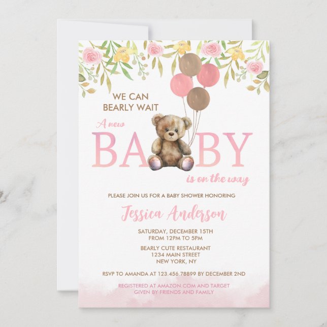 Girl Teddy Bear Bearly Wait baby shower invitation (Front)