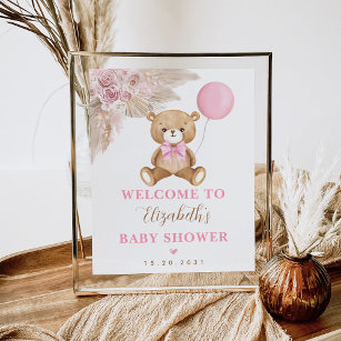 Girl Teddy Bear Boho Pink Floral Pampas Welcome Poster
