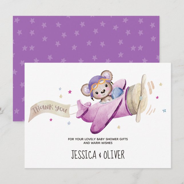 Girl Teddy Bear Carte de remerciements d'avion (Devant / Derrière)