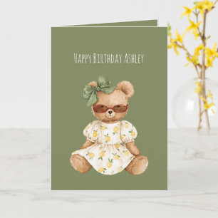 Girl Teddy Bear Green Bow Birthday Card
