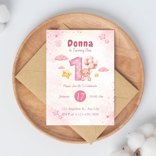 Girl Teddy Bear Pink 1st Birthday Invitation (Creator Uploaded)