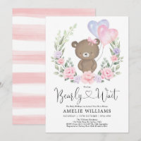 Girl Teddy Bear Pink Purple Floral Baby Shower Inv