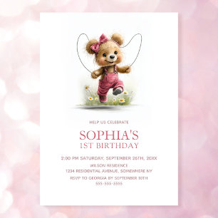 Girl Teddy Bear Playing Jump Rope 1st Birthday Invitation