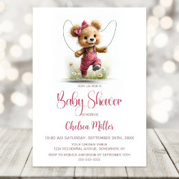 Girl Teddy Bear Playing Jump Rope Baby Shower Invitation
