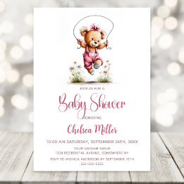 Girl Teddy Bear Wearing Pink Overalls Baby Shower Invitation