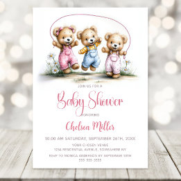 Girl Teddy Bears Playing Jump Rope Baby Shower Invitation