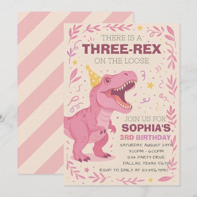 Girl Three-Rex Dinosaur Birthday Invitation (Front/Back)