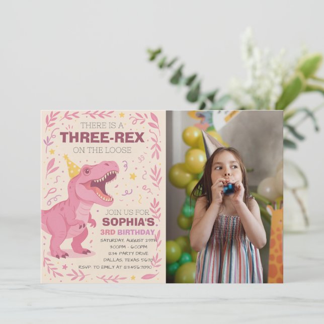 Girl Three-Rex Dinosaur Birthday Photo Invitation (Standing Front)
