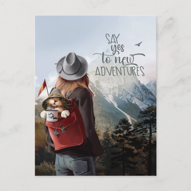 Girl travels with a cat in a backpack postcard (Front)
