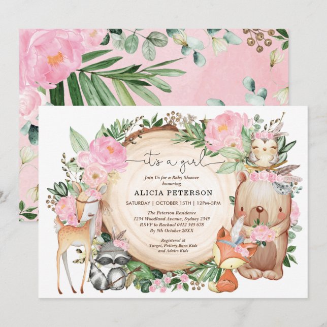 Girl Tribal Woodland Forest Animals Baby Shower Invitation (Front/Back)