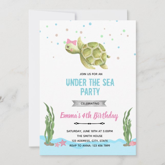 Girl turtle under the sea invitation (Front)
