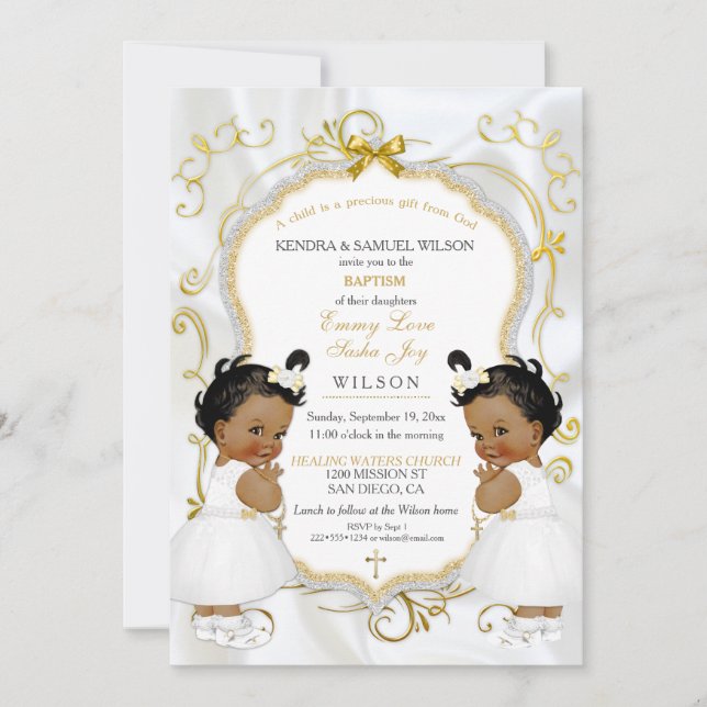 Girl Twins Baptism Christening Gold Ethnic Invitation (Front)