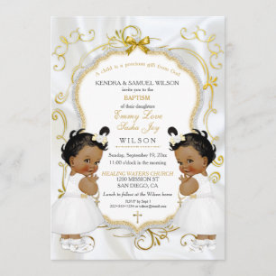 Girl Twins Baptism Christening Gold Ethnic Invitation