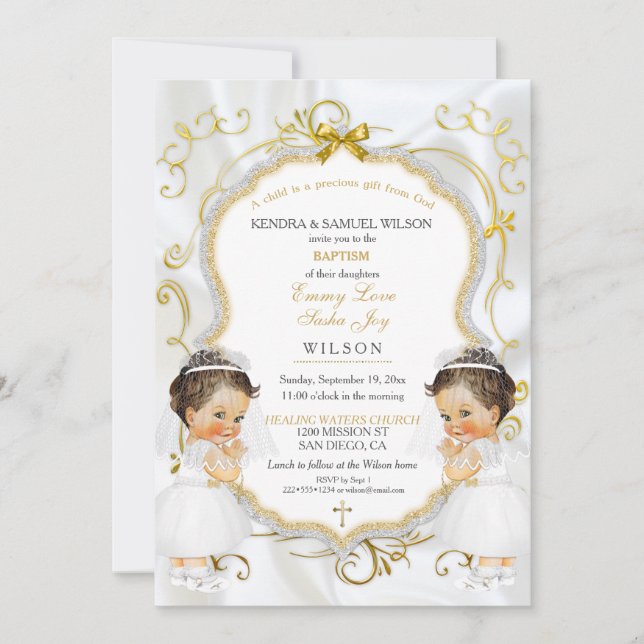 Girl Twins Baptism Christening Gold Invitation (Front)