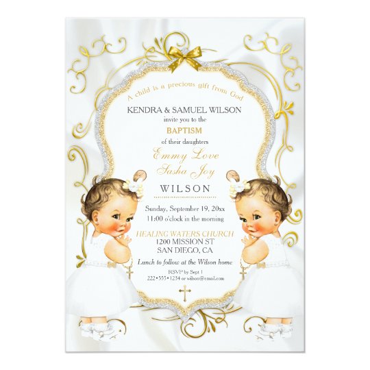 Girl Twins Baptism Christening Gold White Cross Card