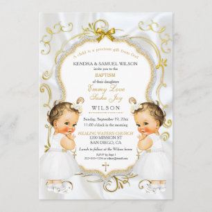 Girl Twins Baptism Christening Gold White Cross Invitation
