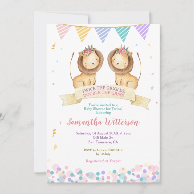 Girl Twins Lion Cubs Baby Shower Twice the Giggles Invitation (Front)