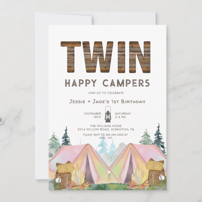 Girl Twins Rustic Happy Camper Birthday Invitation (Front)