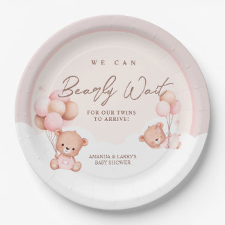Girl Twins Teddy Bear Baby Shower Paper Plate