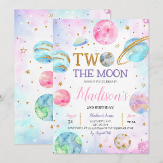 Girl Two The Moon Space Birthday Invitation