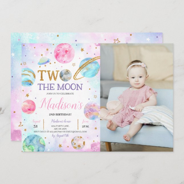 Girl Two The Moon Space Birthday Photo Invitation (Front/Back)