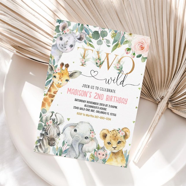 Girl Two Wild 2nd Gold Jungle Animals Birthday Invitation (Creator Uploaded)