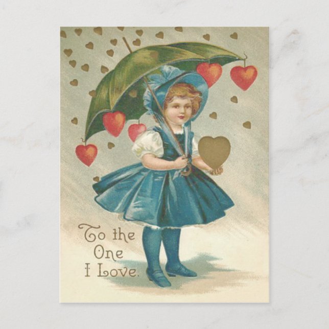 Girl Umbrella Heart Rain Postcard (Front)