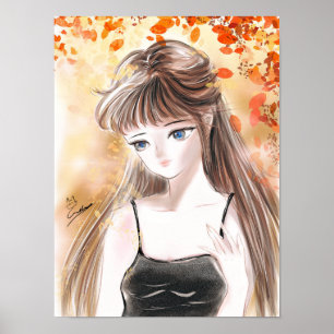 Girl Under Fall Leaves Illustration Poster