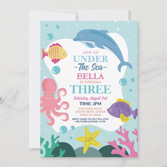 Girl Under The Sea THREE Ocean Dolphin Octopus 3rd Invitation (Front)