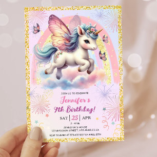Girl Unicorn Gold Glitter Pink 9th Birthday Party Invitation