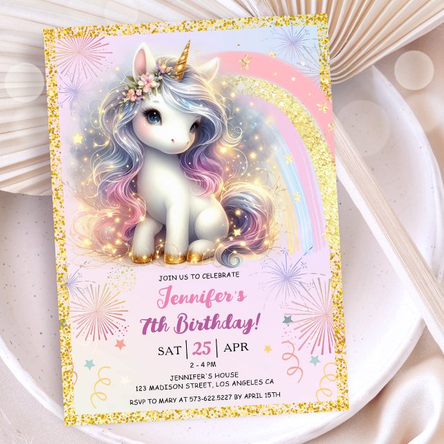 Girl Unicorn Pink Gold Glitter 7th Birthday Party Invitation (#UnicornBirthdayInvitation #UnicornBirthdayInvitationTemplate #UnicornBirthdayInvitationEditable)