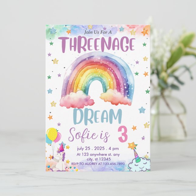 Girl Unicorn Threenage Dream,Rainbow 3rd Birthday  Invitation (Standing Front)