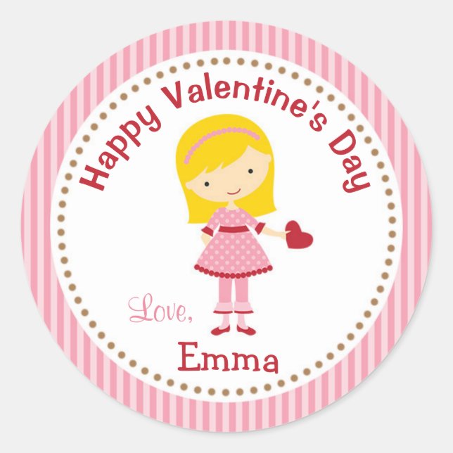 Girl Valentine Stickers (Pink) - Kids Blonde Hair (Front)