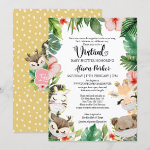 Girl Virtual Baby Shower   Masked Safari Friends Invitation