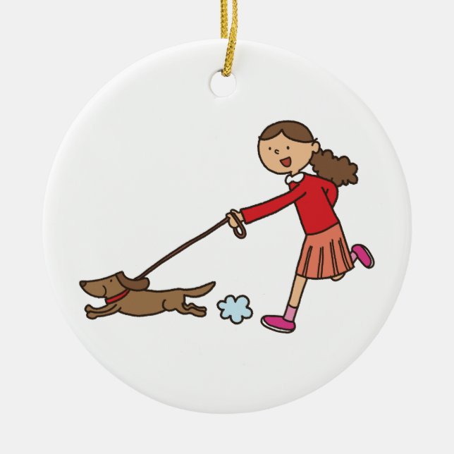 Girl Walking Dog - Dog Walker - cute cartoon Ceramic Ornament (Front)