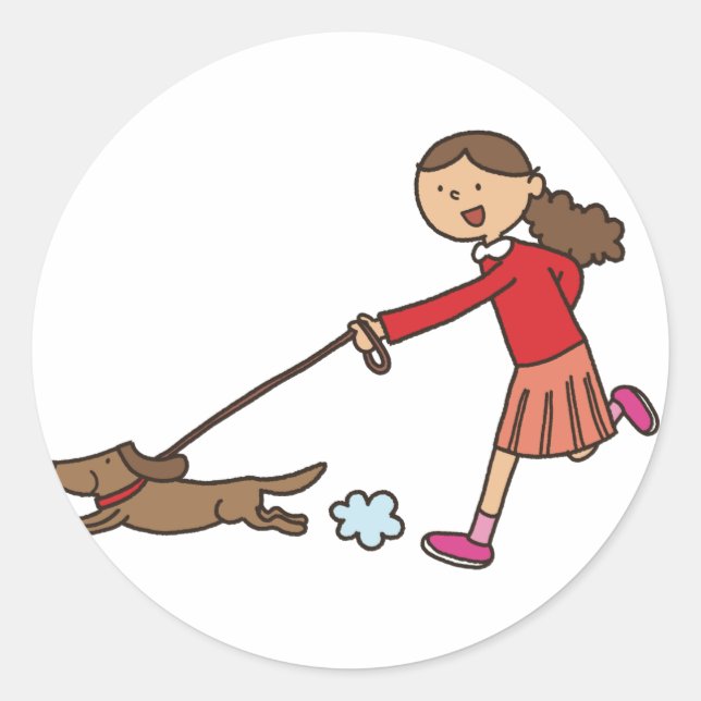 Girl Walking Dog - Dog Walker - cute cartoon Classic Round Sticker (Front)