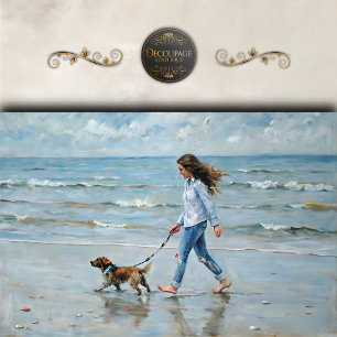 Girl Walking Dog on Beach Decoupage Tissue Paper
