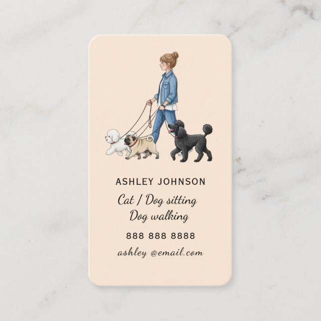 Girl Walking Dog Pet sitter Dog Walker Peach Business Card (Front)