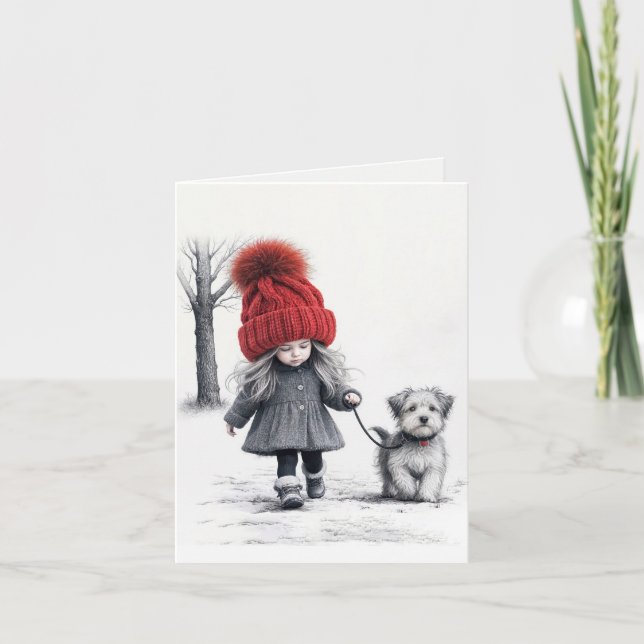 Girl Walking Her Dog Card (Front)