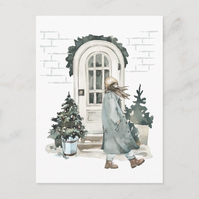 Girl walking in the street in the winter postcard (Front)
