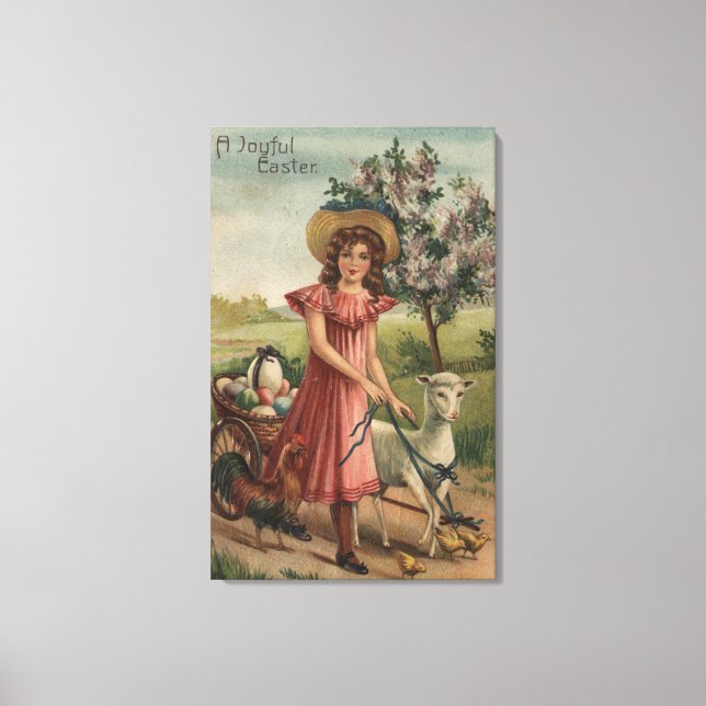 Girl Walking Lamb, Chick, and Rooster Canvas Print (Front)