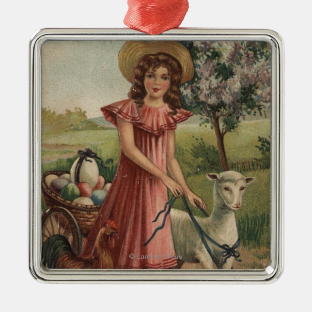 Girl Walking Lamb, Chick, and Rooster Metal Ornament (Front)